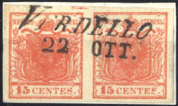 Piece 1850, Frammento Di Lettera Affrancato Con Coppia Orizzontale Di 15 Cent. Rosso Tipo I, Carta A Mano, Con Annullo " - Lombardo-Venetien
