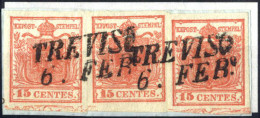 Piece 1850, Frammento Di Lettera Affrancato Con Tre 15 Cent. Rosso Tipo IIa+I+IIa, Tutti I Valori Con Spazio Tipografico - Lombardo-Veneto