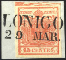 Piece 1850, Frammento Con 15 Cent. Rosso I Tipo Con Spazio Titpografico In Alto , Annullato Lonigo (Sass. 5 Punti), Sass - Lombardije-Venetië