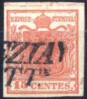 O 1850, 15 Cent. Rosso Tipo II, Carta A Mano, II Tavola, Con Spazio Tipografico Superiore Parzialmente Interrotto, Annul - Lombardy-Venetia