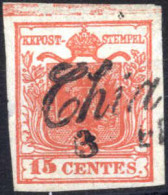 O 1850, 15 Cent. Rosso Tipo II, Carta A Mano, II Tavola, Con Spazio Tipografico Superiore, Annullo Parziale "Chia(ri) 3. - Lombardo-Veneto