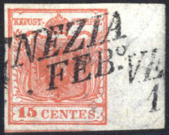 O 1850, 15 Cent. Rosso Tipo II, Carta A Mano, Margine Di Foglio Destro, Con Sottile Spazio Tipografico Inferiore, Annull - Lombardy-Venetia