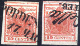 O 1850, Due 15 Cent. Rosso Tipo II Carta A Mano, Entrambi Con Annullo E Spazio Tipografico Orizzontale Sulla Parte Super - Lombardo-Venetien