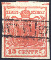 O 1850, 15 Cent. Rosso Tipo II, Carta A Mano, II Tavola, Con Spazio Tipografico Parziale Superiore, Annullo "(MA)NTOVA 2 - Lombardije-Venetië