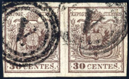 O/pair 1850, 30 Cent. Bruno Scuro, Carta A Mano, I Tipo, Coppia Orizzontale Ben Marginata, Annullata Con Due Impronte De - Lombardo-Veneto