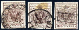 O 1850, 30 Cent. Carta A Mano, Tre Esemplari Usati Con Decalco (Maschinenabklatsch), Tutti Ben Marginati (Sass. 7i, € 45 - Lombardy-Venetia