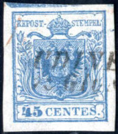 O 1850, 45 Cent. Azzurro, Carta A Mano, I Tipo, Distanza Fra "5" E "C" 0,6 Mm, Ampi Margini E Spazio Tipografico In Alto - Lombardo-Vénétie