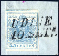 Piece 1850, Frammento Affrancato Con 45 Cent. Azzurro Chiaro, Carta A Mano, I Tipo E I Tiratura, Spazio Tipografico In A - Lombardo-Vénétie