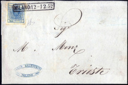 Cover 1852, Lettera Da Milano Il 12.12 Per Trieste Affrancata Con 45 C Azzurro I Tipo Carta A Coste Verticali, Grinza Di - Lombardy-Venetia