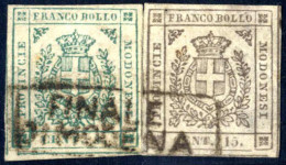 O 1859, Governo Provvisorio, 5 Cent. Verde E 15 Cent. Bruno, Entrambi Ben Marginati, Usati Insieme Ed Annullati Con Un U - Modène