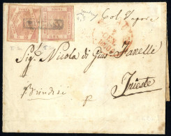 Cover 1860, Lettera Del 7.1.1860 Da Bari Via Brindisi Col Lloyd Austriaco A Trieste, Affrancata Con 5 Gr. Carminio Rosa  - Napels