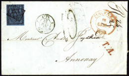 Cover 1852, Lettera Del 18.6.1852 Da Piacenza Via Milano Ad Annonay (Francia), Affrancata Con 40 Centes. Azzurro, Tre Bu - Parme