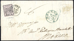 Cover 1852, Lettera Da Bologna Il 4.1. Quarto Giorno D'emissione Per Modena Affrancata Con 5 B. Rosa Chiaro, Sass. 6 - Etats Pontificaux