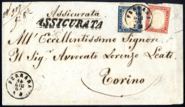 Cover 1861, Assicurata Del 14.6.1861 Da Ferrara A Torino, Affrancata Con 40 Cent. Rosso Vermiglio CON EFFIGIE CAPOVOLTA, - Sardaigne