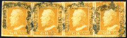 O/pair 1859, ½ Grano Prima Tavola, Carta Di Napoli, Giallo Arancio Chiaro, Striscia Orizzontale Di Quattro, Posizione 1- - Sizilien