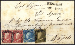 Cover 1859, 1 Gr. Oliva Chiaro + 2 Gr. Azzurro Smorto, Ritocco 55, + Due Esemplari 5 Gr. Rosa Carminio, Il Primo Con Rit - Sizilien