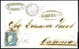 Cover 1859, Lettera Da Girgenti (ovale Con Fregi Punti 4) Il 14.2. Per Catania Affrancata Con 2 Grana II Tavola Azzurro  - Sicilië