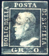 O 1859, 20 Grana Grigio Ardesia, Pos. 72 Con Ritocco, Ben Marginato E Leggermente Annullato Con Il Bollo "ferro Di Caval - Sicily