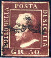 O 1859, 50 Grana Lacca Bruno Scuro Violaceo, Ben Marginato E Annullato Con Parte Del Bollo "ferro Di Cavallo";gradazione - Sicilia