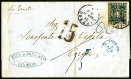 Cover 1861, Lettera Del 31.3.1861 Da Livorno Via Milano E Trieste A Corfù (Isole Ioniche), Affrancata Fino Al Confine It - Tuscany