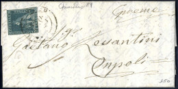 Cover "Chiusdino", SI (Punti 10) Auf "Leone Mediceo" 2 Cr. Azzurro Su Grigio Filigrana 1 Il 18.8.1857 Per Empoli, Sass.  - Tuscany