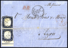 Cover 1862, Lettera Da Genova Il 22.11 Per Lyon (Francia) Affrancata Con Due 20 C. Indaco Dei Quali Uno è Non Dentellato - Altri & Non Classificati