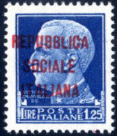 ** 1944, 1,25 L. Azzurro Con La Soprastampa "m" (RSI), Nuovo Con Gomma Originale Integra (Sass. 495BA, € 600) - Sonstige & Ohne Zuordnung