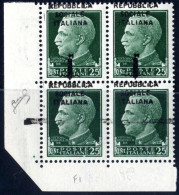 ** 1944, 25 C. Verde Blocco Di Quattro Angolo Di Foglio Con Soprastampa RSI E Fascetto Di Firenze, Soprastampa Fortement - Altri & Non Classificati