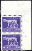 ** 1944, 3,70 L. Violetto In Coppia Verticale Angolo Di Foglio In Alto A Destra, Con Soprastampa "G.N.R." Di Brescia I T - Other & Unclassified