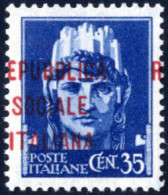 ** 1944, Saggio: 35 C. Azzurro Con La Soprastampa "m" Di Verona In Rosso Fortemente Spostata A Sinistra, "R" A Destra, N - Altri & Non Classificati