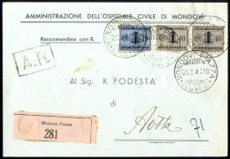 Cover 1944, Cartolina Raccomandata Con Risposta Da Mondovi Il 26.9 Per Aosta Afrrancata Con 10 C. E Coppia 40 C. Segnata - Altri & Non Classificati