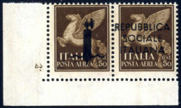 ** 1944, Saggi Di Genova: Posta Aerea 50 C. + 50 C. Bruno, Coppia Orizzontale, Angolo Di Foglio In Basso A Sinistra Con  - Otros & Sin Clasificación