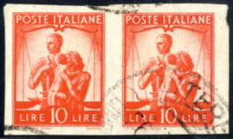 O/pair 1947, Democratica 10 Lire Arancio, Coppia Orizzontale NON DENTELLATA, Annullata Con Il Timbro Di Viterbo, Molto B - Otros & Sin Clasificación