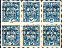 ** 1918, 12 Heller Verde Azzurro In Blocco Di Sei Con Doppia Soprastampa "Regno D'Italia / Venezia Giulia / 3. XI. 18.", - Vénétie Julienne