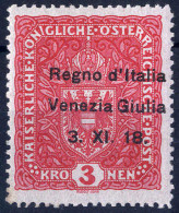 ** 1918, Francobolli D'Austria Soprastampati, 3 K. Rosa Carminio Carta Senza Fili Di Seta Più Soprastampa Spostata A Des - Venezia Giuliana