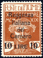 * 1920, 20 C. Ocra Della Serie "Legionari" Con Soprastampa "Reggenza Italiana Del Carnaro" E "10 LIRE 10", Nuovo Con Gom - Fiume