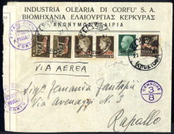 Cover 1943, Lettera Aerea Da Corfù Il 22.4 Per Rapallo, Affrancata Con Due 5 C., Coppia Del 10 C. Un 25 C E Aerea Da 50  - Isole Ionie