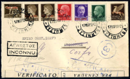 Cover 1942, Lettera Aerea Da Corfù Il 17.3 Per Argostoli, Affrancata Con 5 C., Coppia Del 10 C. Un 25 C, 50 C, 75 C E Ae - Ionische Inseln