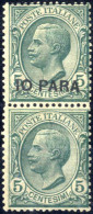 ** 1908, Constantinopoli, 10 Su 5 C Verde, Coppia Verticale Di Cui Uno Senza Soprstampa, Cert. Avi, Sass 1b / 11.250.- - Non Classificati