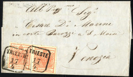 Cover 1850, Lot Vier Briefe Und Ein Großer Briefteil, Zwei Mit Einzelfrankatur 3 Kr. Rot (dabei Ein Briefteil Mit 3 Kr.  - Sonstige & Ohne Zuordnung