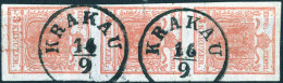 O/pair 1850, Wappen, 3 Kr. Rot Type I Handpapier, Senkrechter Dreierstreifen Gestempelt Krakau, Attest Ferchenbauer, Unt - Other & Unclassified