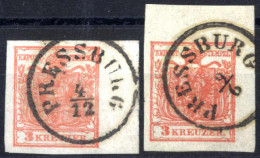 O 1850, Zwei Randstücke 3 Kr., Rot, Eine Rechts 8 Mm, Die Andere Rechter Obere Ecke 7x4 Mm, ANK 3 - Altri & Non Classificati