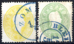 O 1861, 2 Kr. Gelb Mit Blauem Teilstempel Von "ZOM(BA)..", "R", Und 3 Kr. Hellgrün Mit Blauen Teilstempel Von "BLEI(BERG - Otros & Sin Clasificación