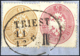 Cover 1864, Paar 3 Kr. Grün + 15 Kr. Braun Gez. 14 Auf Briefstück Vom 31.8., Von Triest Nach Sinigallia, Senkrechter Bug - Otros & Sin Clasificación