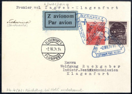 Cover 1934, Zwei Erstflugkarten: 1) Posterstflug Klagenfurt Laibach Frankiert Mit Flugpostmarken: Viererblock 2 G. Braun - Otros & Sin Clasificación