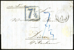 Cover 1857, Kompletter Porto-Brief Vom 5.11.1857 Von Constantinopel über Triest Nach Düren Bei Aachen, Mit Dem Blauen Ka - Eastern Austria