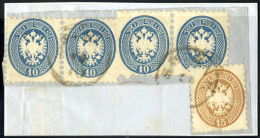 Piece 1863, Briefstück Frankiert Mit Zwei Waagrechten Paaren 10 Soldi Blau Und 15 Soldi Braun, Je Gez. 9½, Etwas Undeutl - Levant Autrichien