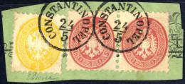 Piece 1864, Briefstück Einer Drucksache Frankiert Mit 2 Soldi Gelb Und Einem Waagrechten Paar 5 Soldi Rot, Je Gez. 9½, ü - Levante-Marken