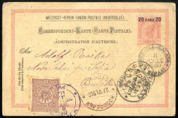 Cover 1900, 20 Para UPU Gs.-Karte Plus (Türkische Marke) 20 Para Zusatz-Frankatur, Gesendet über Galatz Nach Sofia, Selt - Levant Autrichien