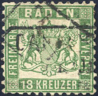O 1862, 18 Kr. Lebhaftgrün, Gut Gezähnt (ein Zahn Minimal Verkürzt), Gestempelt "CARL (SRUHE)" (Mi. 21a, € 700) - Other & Unclassified